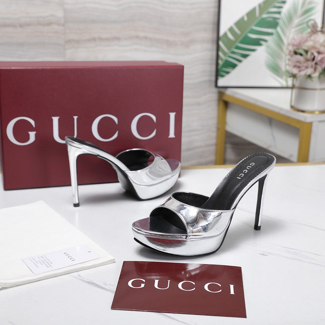 GUCCI 26S HEELED SANDALS 105 MM IN SILVER PATENT CALFSKIN