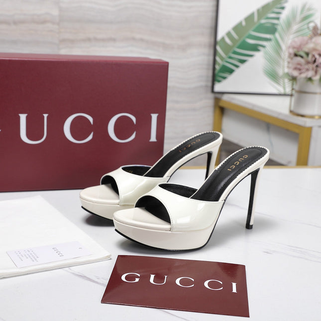 GUCCI 26S HEELED SANDALS 105 MM IN CREAM WHITE PATENT CALFSKIN