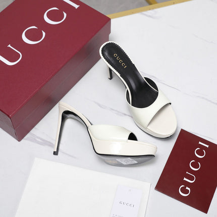 GUCCI 26S HEELED SANDALS 105 MM IN CREAM WHITE PATENT CALFSKIN