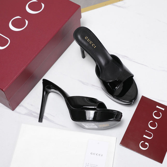 GUCCI 26S HEELED SANDALS 105 MM IN BLACK PATENT CALFSKIN