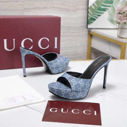GUCCI 26S HEELED SANDALS 105 MM IN BLUE DENIM