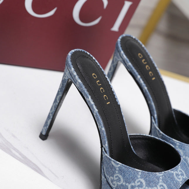 GUCCI 26S HEELED SANDALS 105 MM IN BLUE DENIM