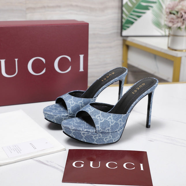 GUCCI 26S HEELED SANDALS 105 MM IN BLUE DENIM