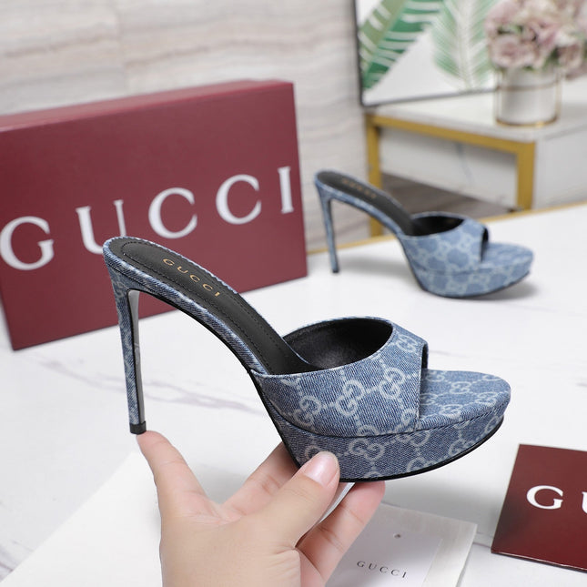 GUCCI 26S HEELED SANDALS 105 MM IN BLUE DENIM
