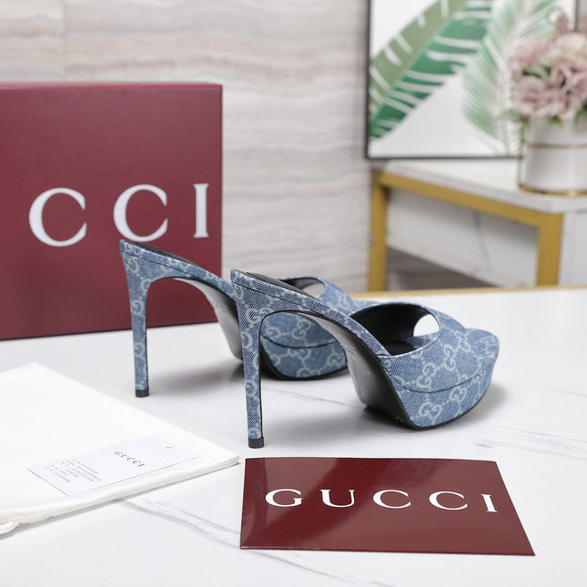 GUCCI 26S HEELED SANDALS 105 MM IN BLUE DENIM