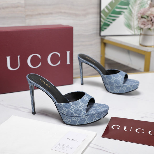 GUCCI 26S HEELED SANDALS 105 MM IN BLUE DENIM