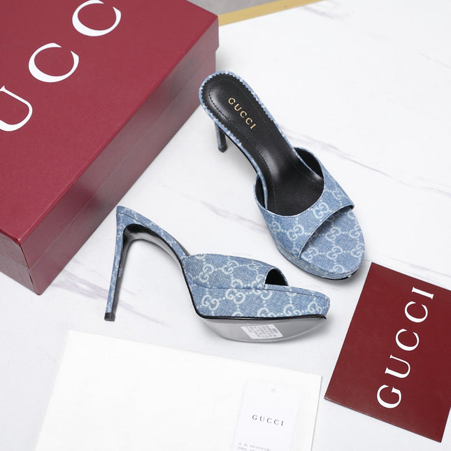 GUCCI 26S HEELED SANDALS 105 MM IN BLUE DENIM