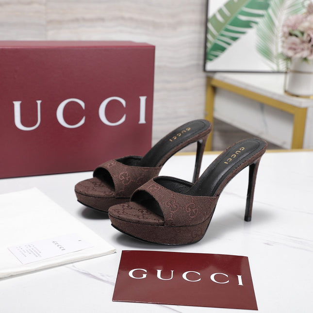 GUCCI 26S HEELED SANDALS 105 MM IN DARK BROWN CANVAS