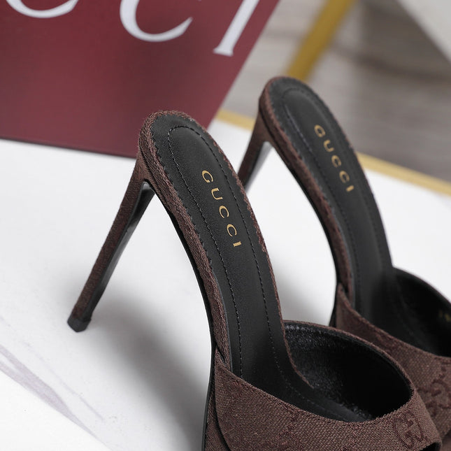 GUCCI 26S HEELED SANDALS 105 MM IN DARK BROWN CANVAS