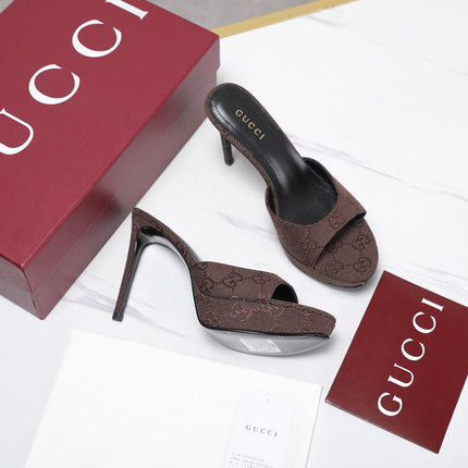 GUCCI 26S HEELED SANDALS 105 MM IN DARK BROWN CANVAS
