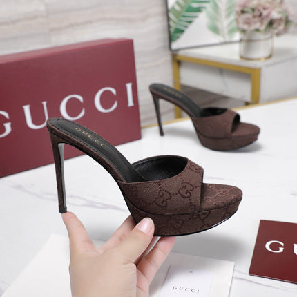GUCCI 26S HEELED SANDALS 105 MM IN DARK BROWN CANVAS