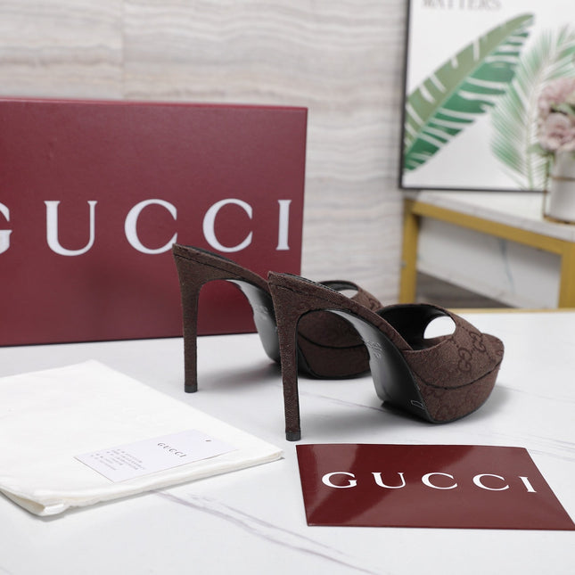 GUCCI 26S HEELED SANDALS 105 MM IN DARK BROWN CANVAS