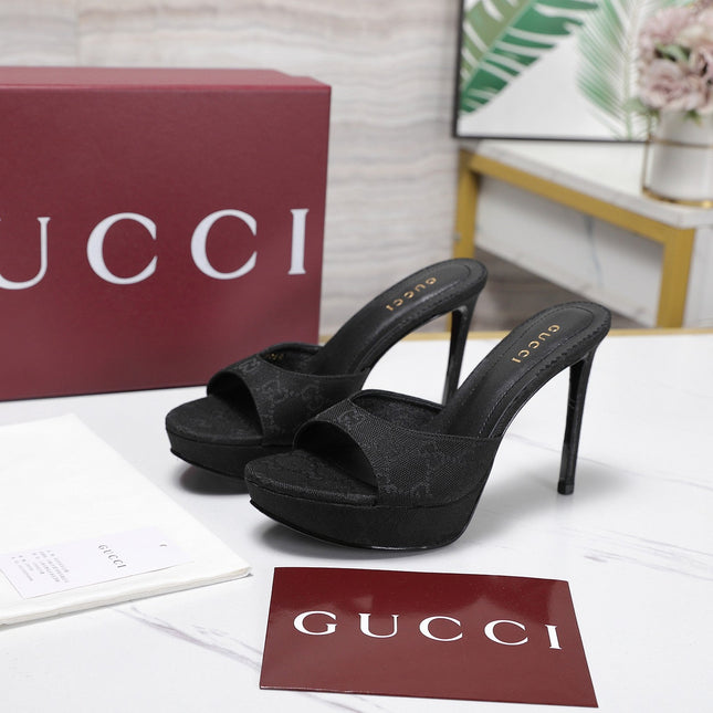 GUCCI 26S HEELED SANDALS 105 MM IN BLACK CANVAS