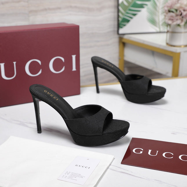 GUCCI 26S HEELED SANDALS 105 MM IN BLACK CANVAS