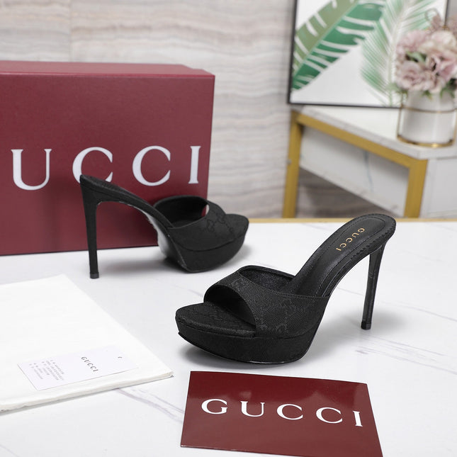 GUCCI 26S HEELED SANDALS 105 MM IN BLACK CANVAS