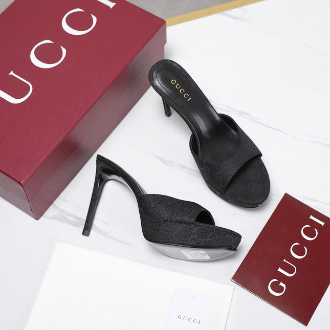 GUCCI 26S HEELED SANDALS 105 MM IN BLACK CANVAS