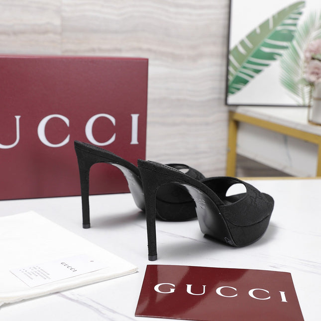 GUCCI 26S HEELED SANDALS 105 MM IN BLACK CANVAS