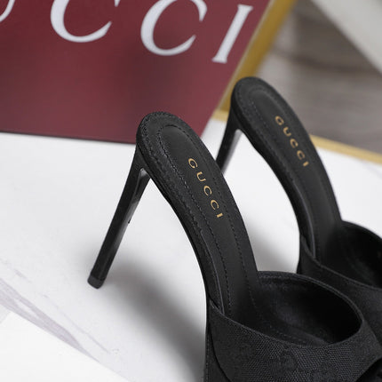 GUCCI 26S HEELED SANDALS 105 MM IN BLACK CANVAS