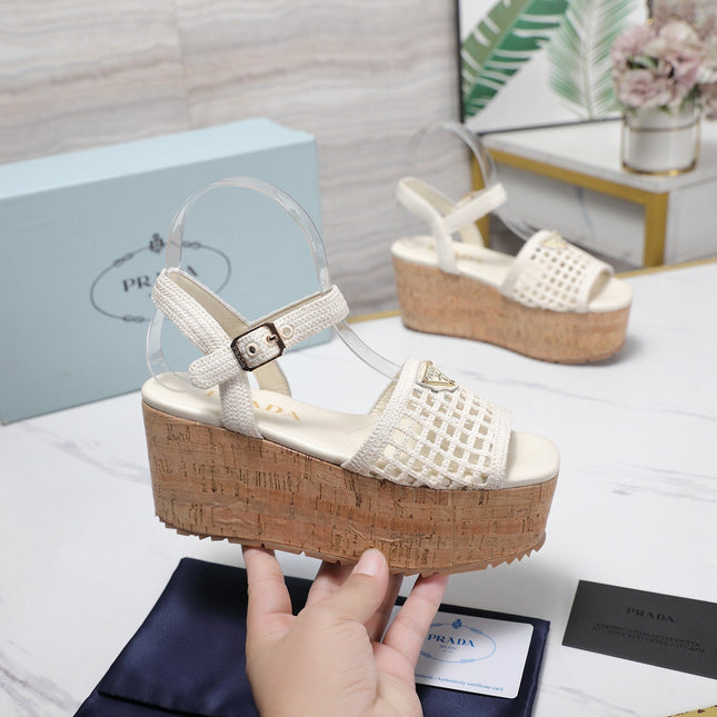 PRADA 26S WEDGE SANDALS IN IVORY CROCHET AND LEATHER