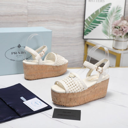 PRADA 26S WEDGE SANDALS IN IVORY CROCHET AND LEATHER