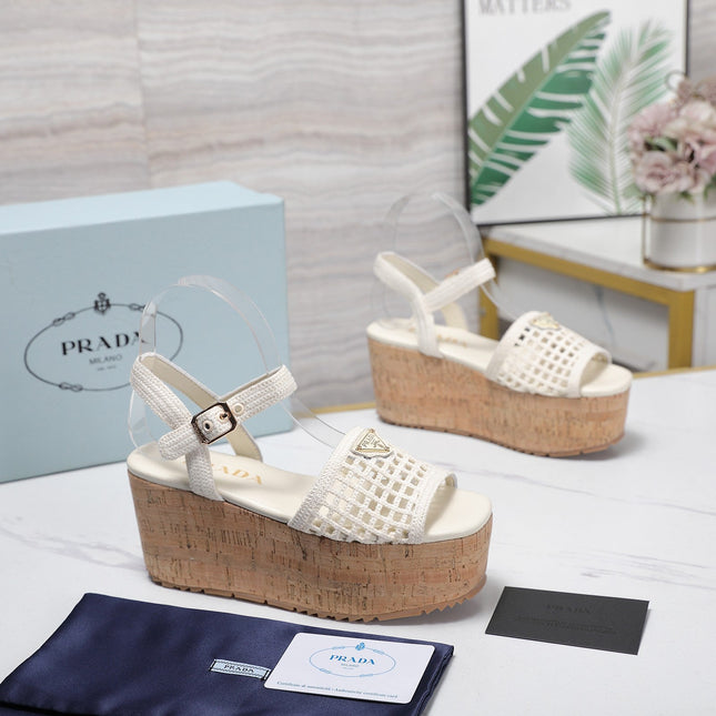 PRADA 26S WEDGE SANDALS IN IVORY CROCHET AND LEATHER