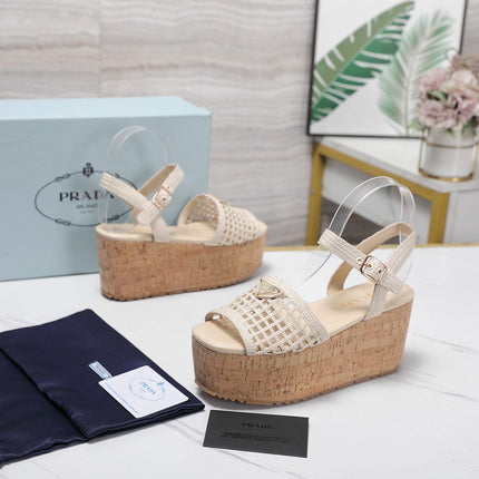 PRADA 26S WEDGE SANDALS IN CREAM WHITE CROCHET AND LEATHER