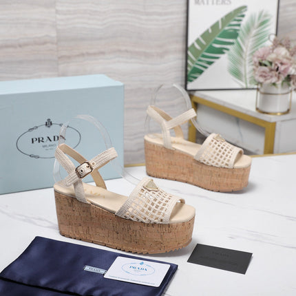 PRADA 26S WEDGE SANDALS IN CREAM WHITE CROCHET AND LEATHER