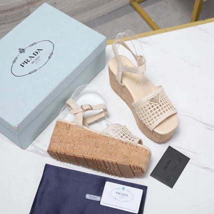 PRADA 26S WEDGE SANDALS IN CREAM WHITE CROCHET AND LEATHER