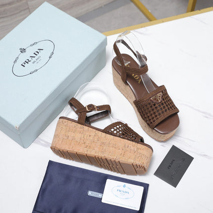 PRADA 26S WEDGE SANDALS IN DARK BROWN CROCHET AND LEATHER