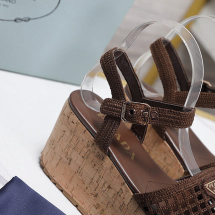 PRADA 26S WEDGE SANDALS IN DARK BROWN CROCHET AND LEATHER