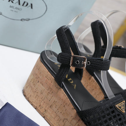 PRADA 26S WEDGE SANDALS IN BLACK CROCHET AND LEATHER