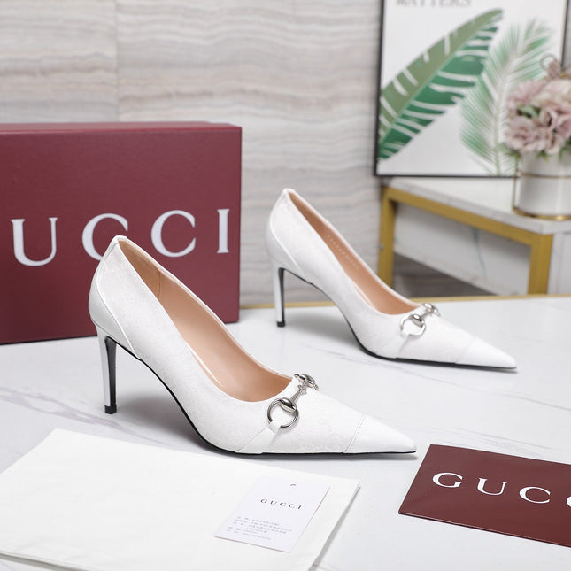 GUCCI 26S HORSEBIT PUMPS 85 MM IN WHITE CANVAS AND CALFSKIN