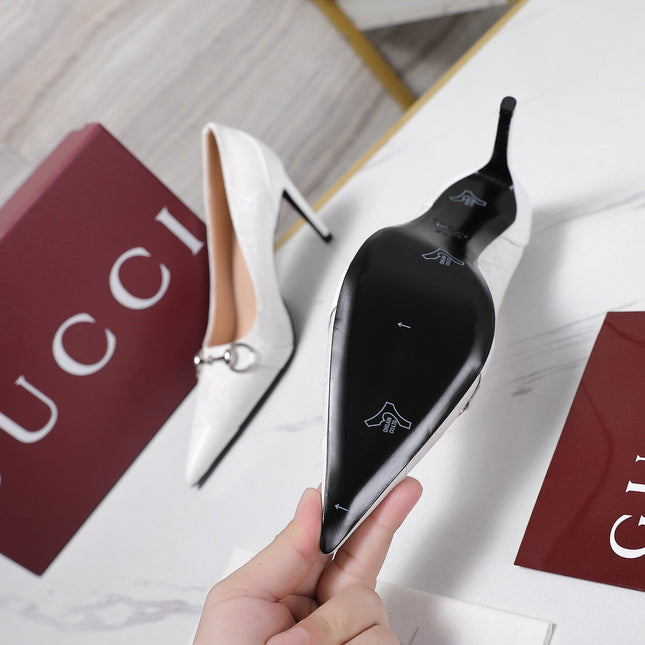 GUCCI 26S HORSEBIT PUMPS 85 MM IN WHITE CANVAS AND CALFSKIN