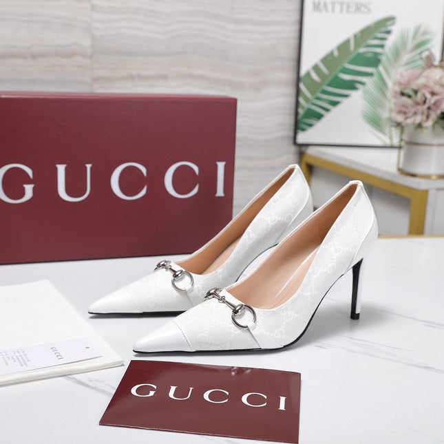 GUCCI 26S HORSEBIT PUMPS 85 MM IN WHITE CANVAS AND CALFSKIN
