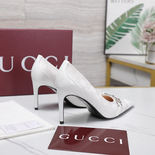 GUCCI 26S HORSEBIT PUMPS 85 MM IN WHITE CANVAS AND CALFSKIN