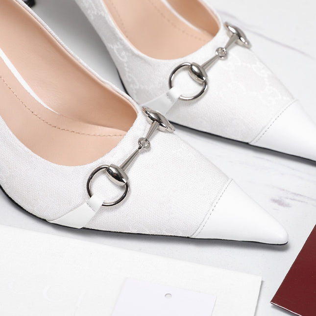 GUCCI 26S HORSEBIT PUMPS 85 MM IN WHITE CANVAS AND CALFSKIN