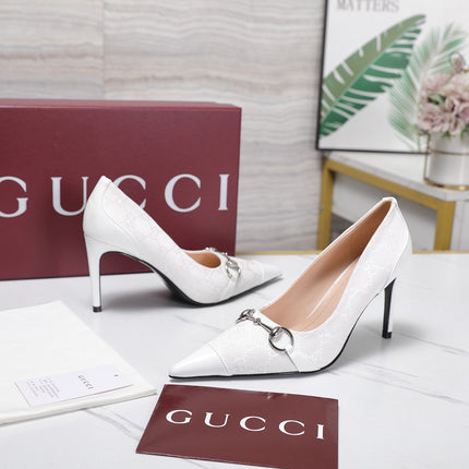 GUCCI 26S HORSEBIT PUMPS 85 MM IN WHITE CANVAS AND CALFSKIN