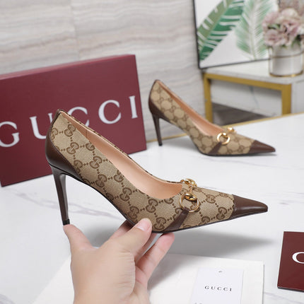 GUCCI 26S HORSEBIT PUMPS 85 MM IN BEIGE CANVAS AND BROWN CALFSKIN