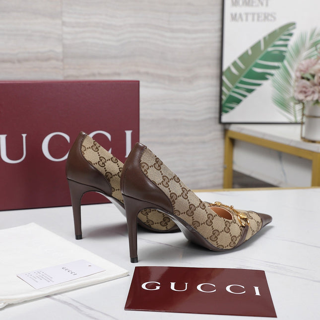 GUCCI 26S HORSEBIT PUMPS 85 MM IN BEIGE CANVAS AND BROWN CALFSKIN