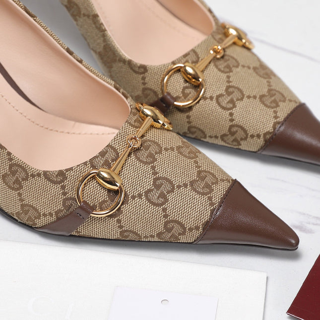 GUCCI 26S HORSEBIT PUMPS 85 MM IN BEIGE CANVAS AND BROWN CALFSKIN