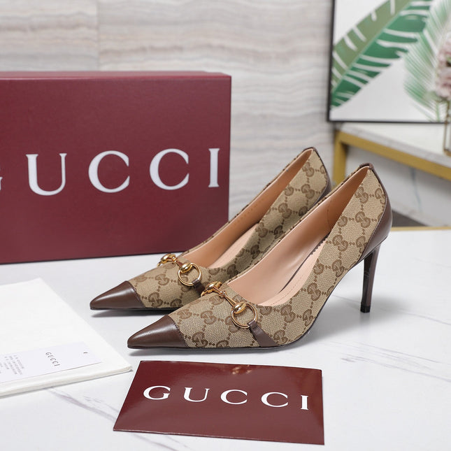 GUCCI 26S HORSEBIT PUMPS 85 MM IN BEIGE CANVAS AND BROWN CALFSKIN