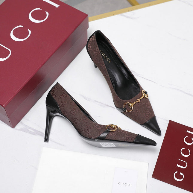 GUCCI 26S HORSEBIT PUMPS 85 MM IN DARK BROWN CANVAS AND BLACK CALFSKIN