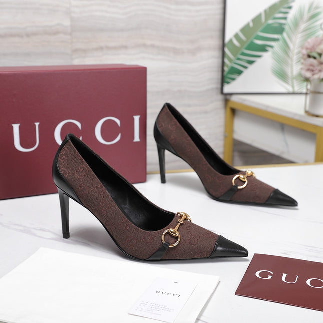GUCCI 26S HORSEBIT PUMPS 85 MM IN DARK BROWN CANVAS AND BLACK CALFSKIN