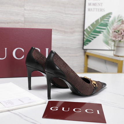 GUCCI 26S HORSEBIT PUMPS 85 MM IN DARK BROWN CANVAS AND BLACK CALFSKIN