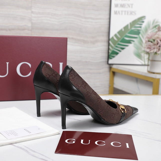 GUCCI 26S HORSEBIT PUMPS 85 MM IN DARK BROWN CANVAS AND BLACK CALFSKIN