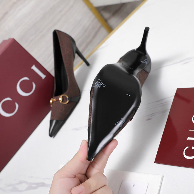 GUCCI 26S HORSEBIT PUMPS 85 MM IN DARK BROWN CANVAS AND BLACK CALFSKIN