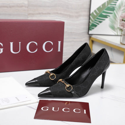 GUCCI 26S HORSEBIT PUMPS 85 MM IN BLACK CANVAS AND CALFSKIN