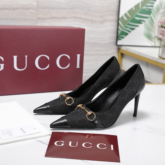 GUCCI 26S HORSEBIT PUMPS 85 MM IN BLACK CANVAS AND CALFSKIN