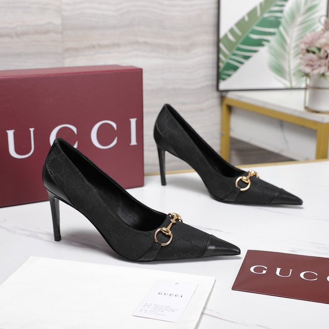 GUCCI 26S HORSEBIT PUMPS 85 MM IN BLACK CANVAS AND CALFSKIN