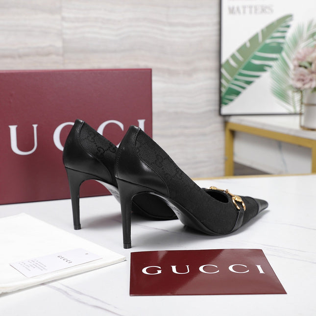 GUCCI 26S HORSEBIT PUMPS 85 MM IN BLACK CANVAS AND CALFSKIN